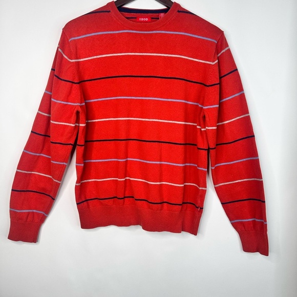 Izod Cotton Orange Striped Ribbed Crew Neck Long Sleeve Sweater Size Medium - Picture 1 of 10